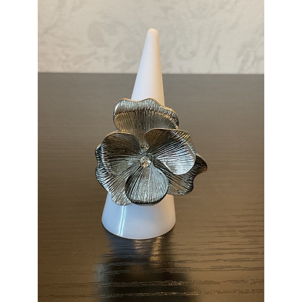 Adjustable Stretch Silver Tone Flower and Clear Rhinestone Ring